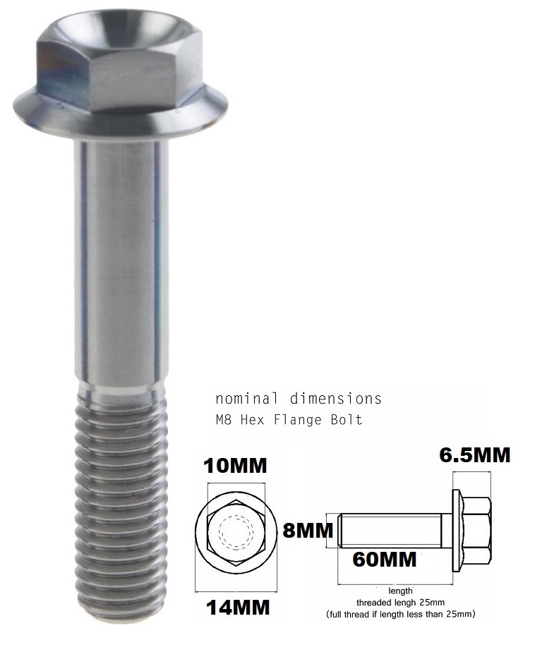 M8X60MM 1.25 THREAD PITCH TITANIUM FLANGE 10MM HEX BOLT GRADE 5